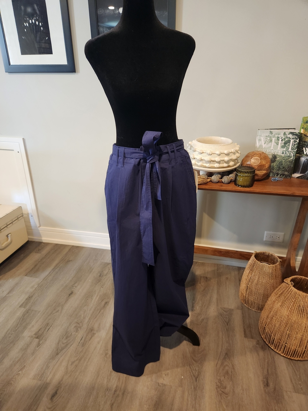 High-Waist Navy Tie-Belt Wide-Leg Pants